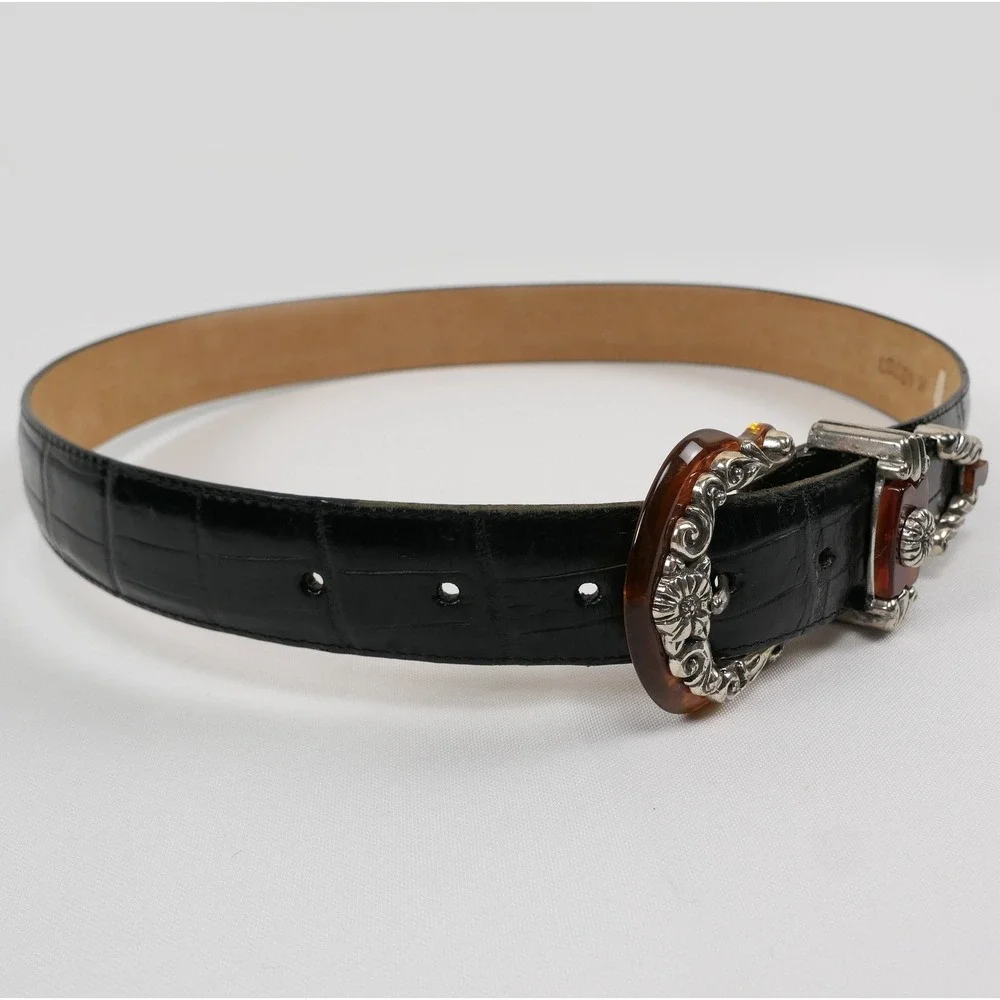 VTG Brighton Black Leather Croc Belt Amber Inlay Embossed Silver Buckle '96‎ USA